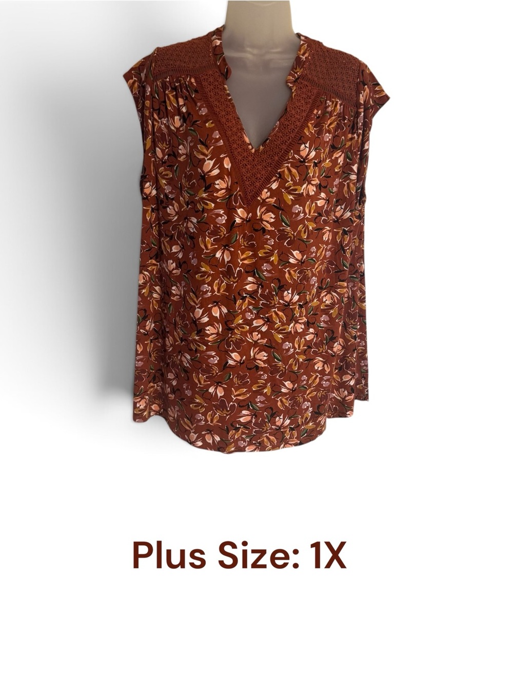 Daniel Rainn Plus Size 1X Spice Floral Crochet V-Neck Top PLUS 1X  FALL!!  #P